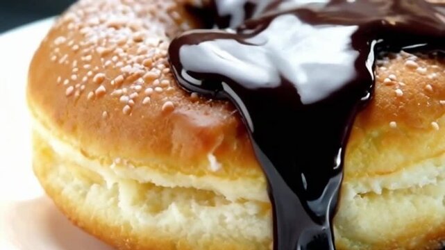 donut dipped halfway molten chocolate gently dripping or chocolate donut half dipped golden contrast