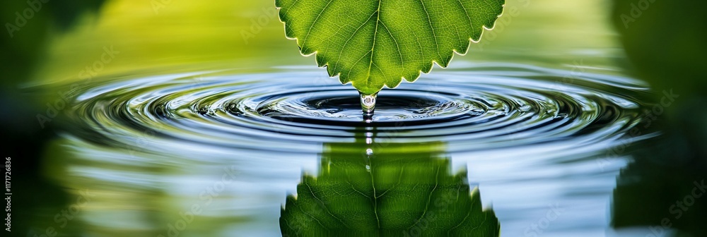 Poster green leaf falling on calm water, creating concentric ripples.