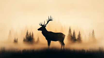 Naklejka premium Silhouette of antlered deer against misty forest backdrop during early morning light