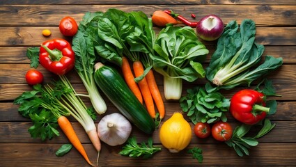 Fresh vegetables and ingredients on wooden background