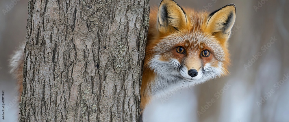 Aufkleber red fox peeking from behind a tree trunk in winter.