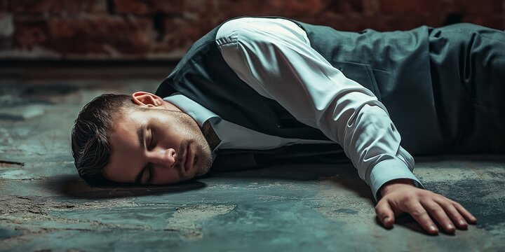 A fashionable man resting on the floor with a serene expression, presenting calm and modern lifestyle.