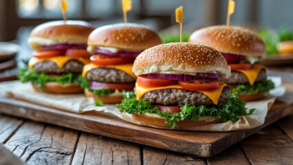 Handcrafted cheeseburgers placed on a wooden table