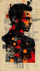 Intricate Portrait of a Man in a Suit Overlaid with Abstract Geometric Patterns and Musical Notes, Creating a Unique and Creative Visual Harmony