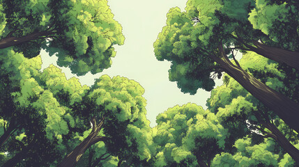 Trees' crowns exhibiting crown shyness, with visible gaps between them, plant,crown shyness, forest canopy. Treetop. Illustration