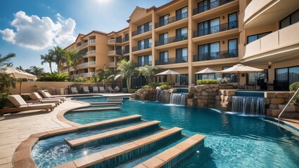 Hotel swimming pool with steps and water feature