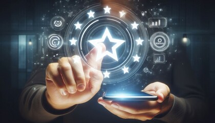 Digital tablet, holographic interface, futuristic technology, glowing blue icons, hands interacting, global network, data visualization, interconnected symbols, dark background, business analytics, sm