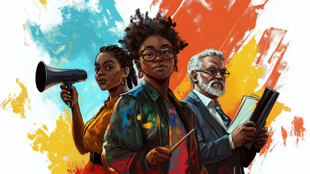 Black History Month colourful abstract illustration of Diverse representations of African-American across different fields