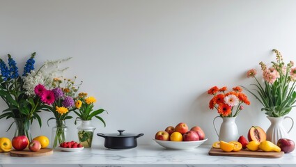 Kitchen interior with fresh flowers and empty table