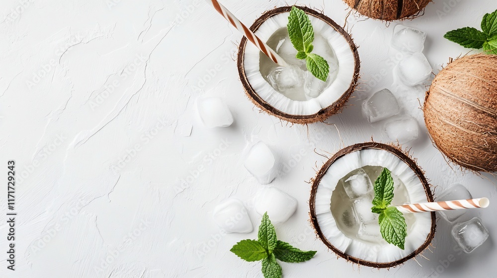 Poster refreshing coconut water drinks in coconut shells with ice and mint on white background.