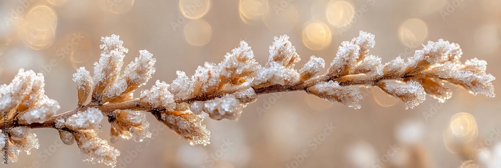 Aufkleber Close-up of a frost-covered branch with bokeh background.