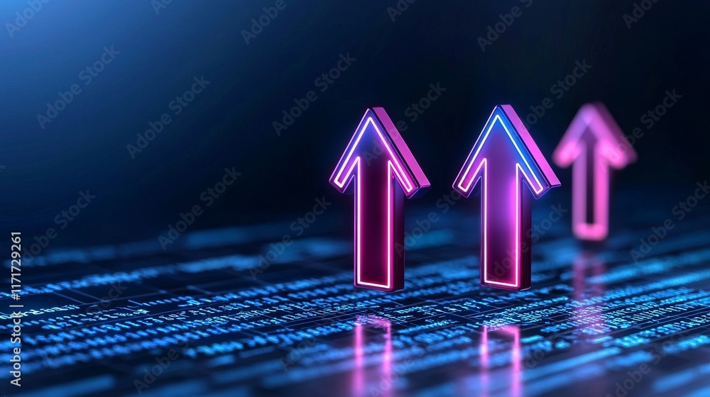 Poster a background with abstract blue arrows glowing and pointing up, indicating progress and growth in di