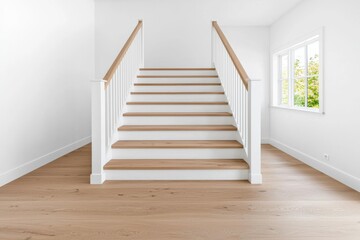 Fototapeta premium A modern house with an interior that includes a staircase and a workspace.
