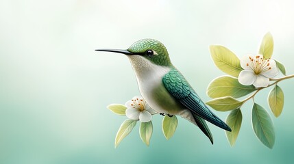 Fototapeta premium Bright green cartoon hummingbird perched on delicate leaves with flowers in soft background