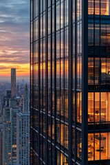 Modern office building reflects sunset glow in an urban landscape showcasing contemporary architecture