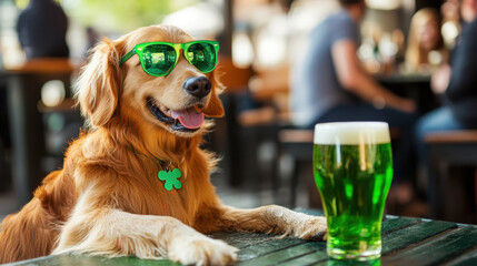 Cheerful golden retriever wearing green sunglasses sitting outdoors with beer on wooden table. St. Patrick’s Day