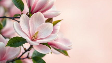Pink magnolia blossoms on pastel pink background, Spring, spring birthday, invitation concept. Space for text.