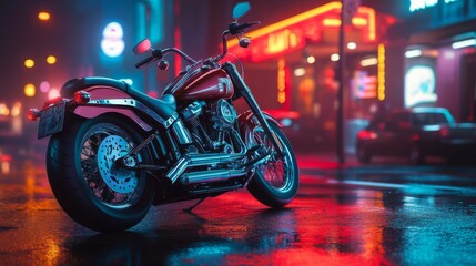 Red motorcycle parked on a rain-slicked city street at night, neon lights reflecting on the wet pavement.