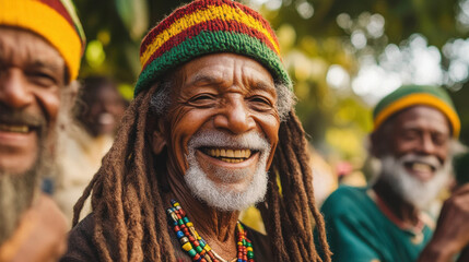 Fototapeta premium Happy Rastafarian Men in Colorful Cultural Attire