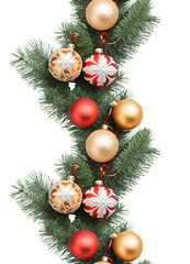 PNG Seamless Christmas Branches Vertical Border with Christmas Decorations. Christmas Garland with a transparent background
