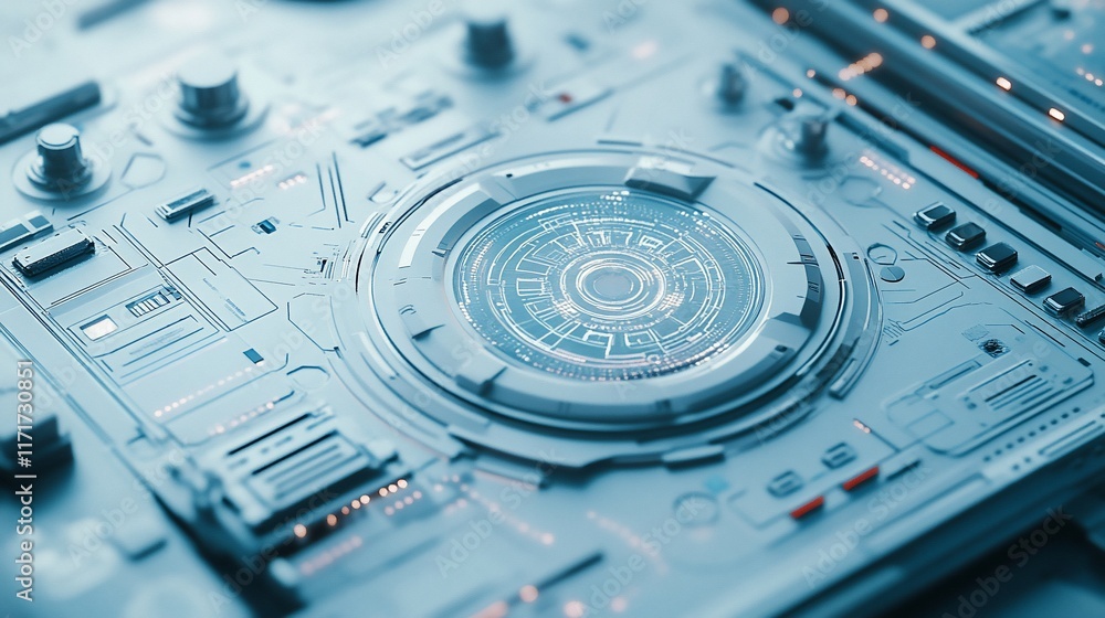 Aufkleber Futuristic technology interface with circular central element and various buttons and controls.