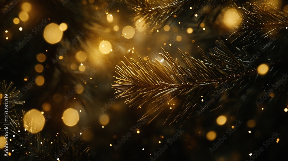 Poster Close-up of a pine branch with bokeh lights, suggesting a festive, wintery atmosphere.