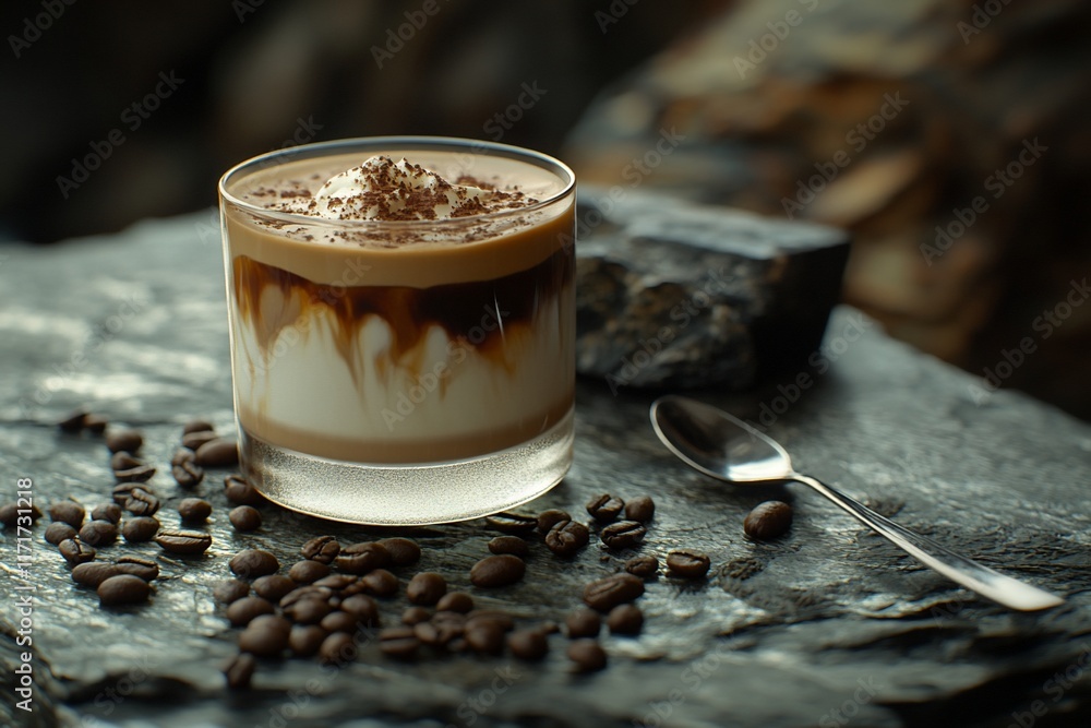 Poster iced coffee drink layered with cream and cocoa powder, served in a glass on a dark stone surface wit