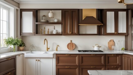 Fototapeta premium Modern kitchen featuring brown white cabinets gold faucet