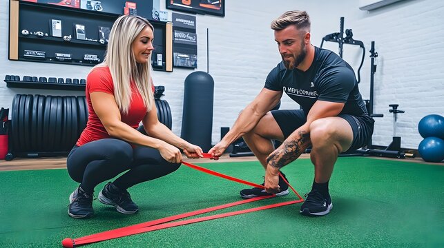 A male personal trainer assists a female client with resistance band exercises in a gym. They are both squatting and focused on proper form. The gym has a modern, clean aesthetic.