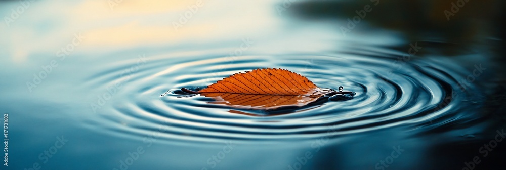 Aufkleber single orange leaf floats on calm water, creating concentric ripples.