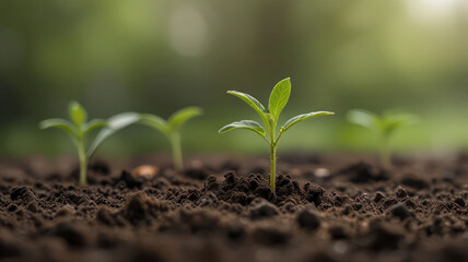 Fototapeta premium Small plant growing up from soil over defocused nature background with copy space