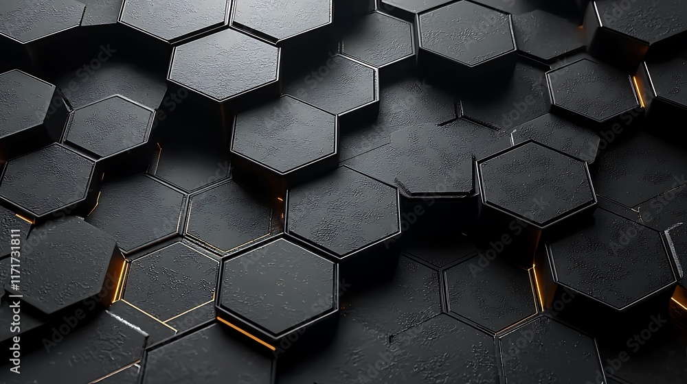 Poster abstract 3d rendering of dark gray hexagonal shapes with glowing orange edges, creating a textured, 
