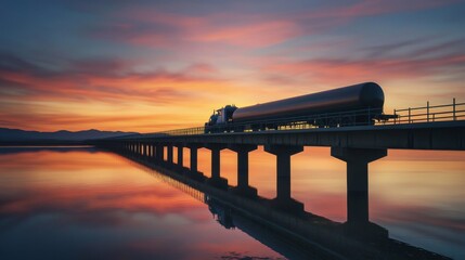 Fototapeta premium Tanker truck crossing bridge at sunset, reflecting in calm water.