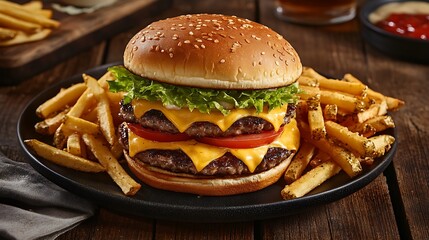 Delicious Double Cheeseburger Served with French Fries