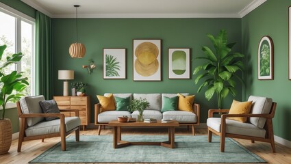 Fototapeta premium Modern living room with green wall and wooden furniture