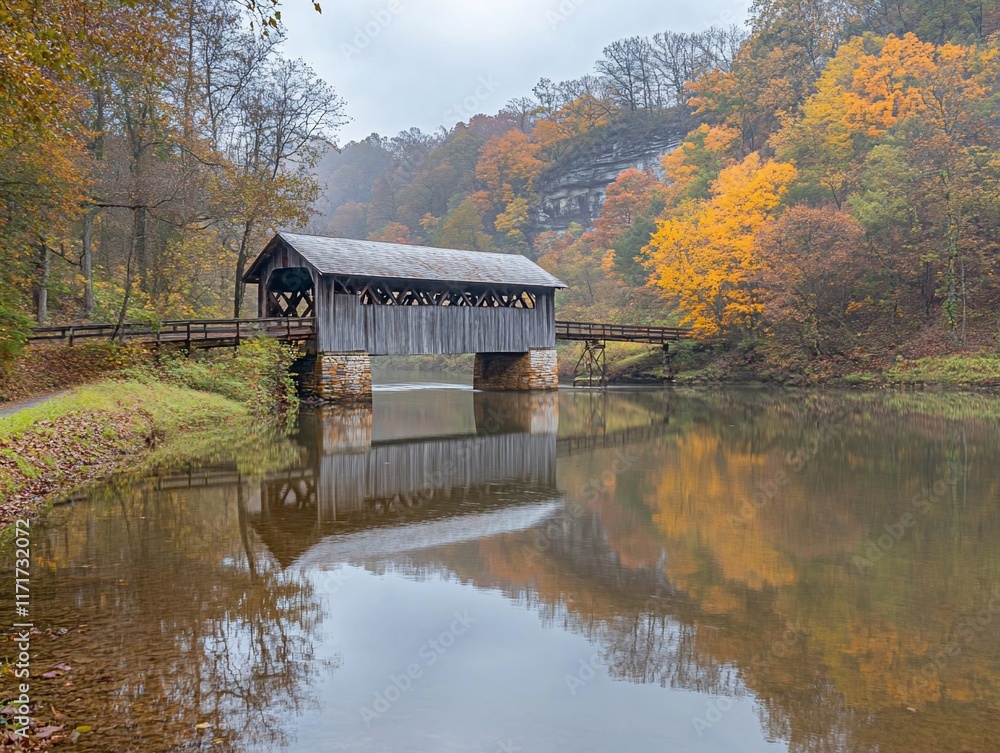 Poster covered bridge reflected in calm autumn lake, surrounded by colorful trees and misty hills.