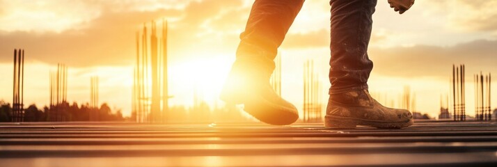 Sunlit craftsmanship of a reinforcement worker in a construction site at golden hour