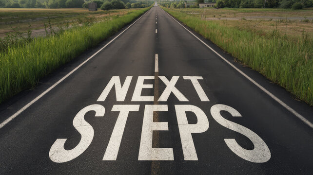 Asphalt road ahead; Next Steps painted on the surface.