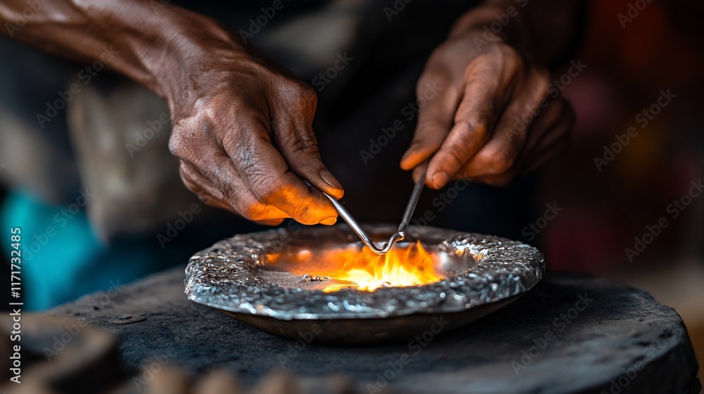 Poster close-up of hands skillfully crafting metal using a small flame.