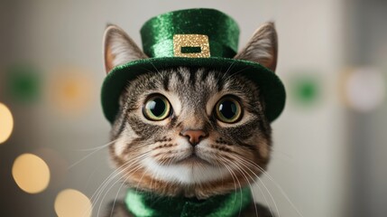 st patricks day illustration, a playful cat in a leprechaun costume leaps across a clover field under a rainbow-filled sky, perfect for st patricks day themes or ads