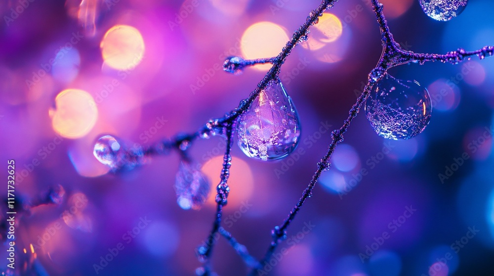 Aufkleber close-up of water droplets on a branch at night, illuminated by colorful bokeh lights.