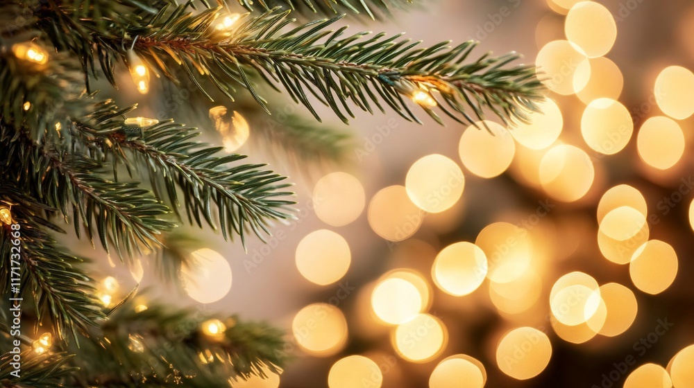 Aufkleber close-up of a decorated christmas tree branch with warm bokeh lights in the background.