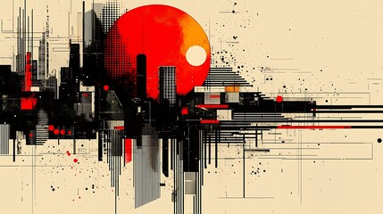 Obraz premium Abstract cityscape illustration with red sun and geometric shapes.