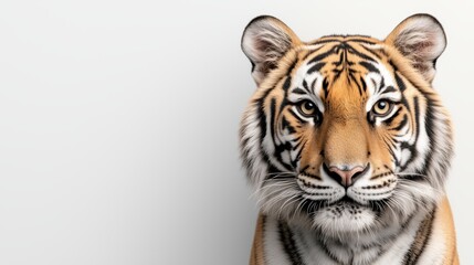 Fototapeta premium Side view of a tiger with striking features and intense gaze against a white background