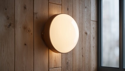 Modern round lamp on wooden wall for decor