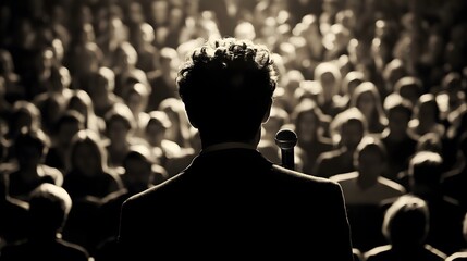 Silhouette of a speaker addressing a large audience. The speaker's back is to the camera, highlighting the vast crowd before them.  A microphone is visible.