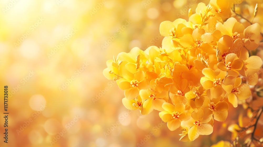 Poster Soft yellow blossoms bursting with spring vibrancy, creating dreamy bokeh backdrop symbolizing romantic seasonal radiance