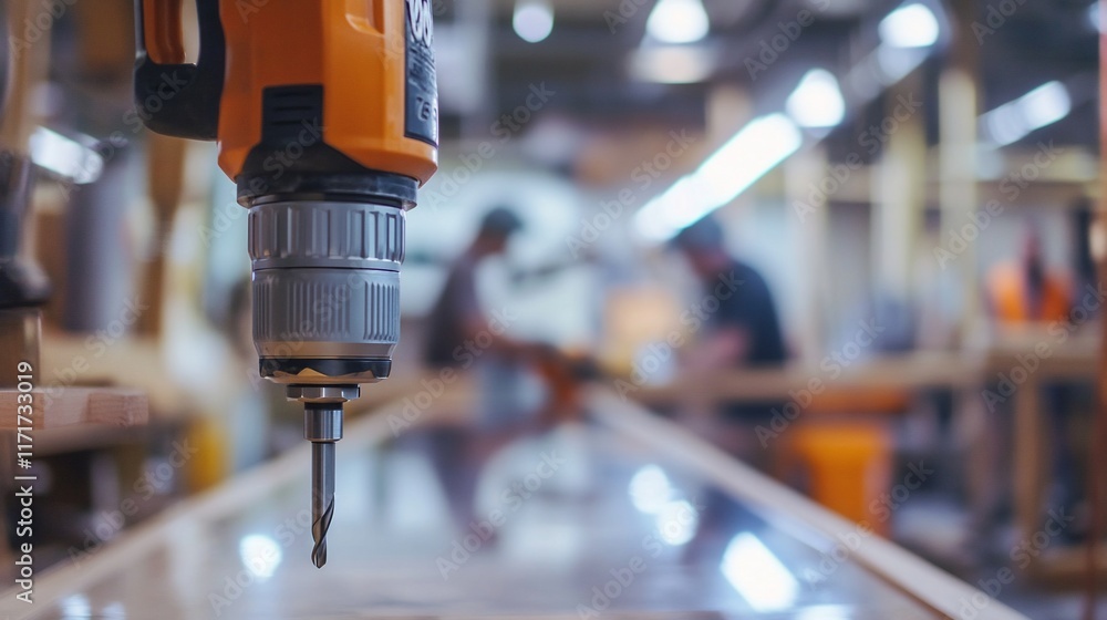 Aufkleber close-up of a cordless drill above a wooden surface in a blurred factory background with workers.