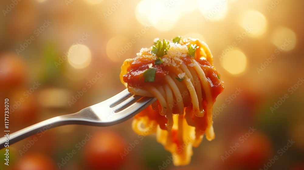 Poster close-up of a fork with spaghetti and tomato sauce, garnished with parmesan cheese and parsley, agai