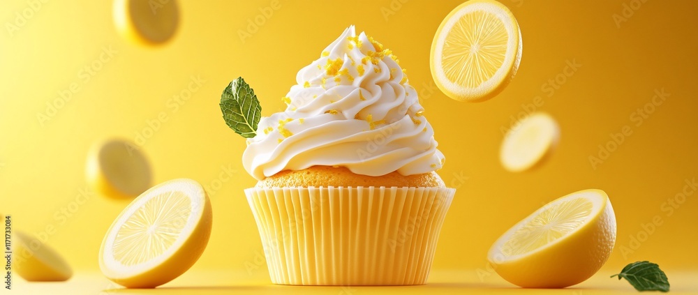 Poster lemon cupcake with buttercream frosting and lemon slices falling around it on a yellow background.